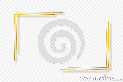 Golden double frame elements. Gold angles border on transparent background with shadow. Rectangle dual corners with glow shine Vector Illustration